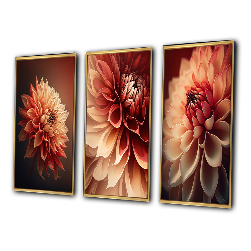 «Orange Dahlia Flower», 3 pièces sur toile, Or, H 40 po x l 60 po