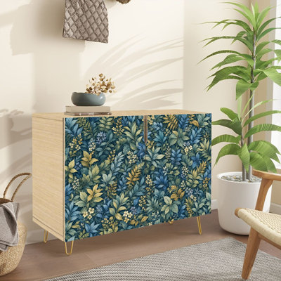 Buffet Buffet avec rangement sans soudure à motif floral vert, feuilles bleues et fleurs jaunes avec 2 portes pour le salon et la cuisine