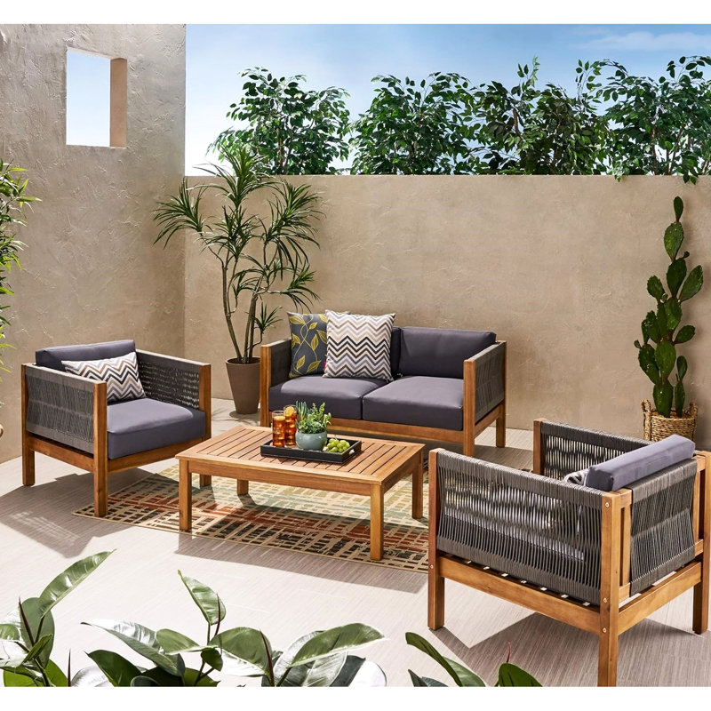 Fauteuils club contemporains en bois avec tissage orné et dossier rembourré - Fauteuil rembourré pour l'extérieur