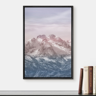 Signature signée, reproduction d'art sur toile délavée, dégradé mauve, montagne et horizon, nature, photographie, art moderne, paysage, détente / calme pour le salon, la chambre à coucher,