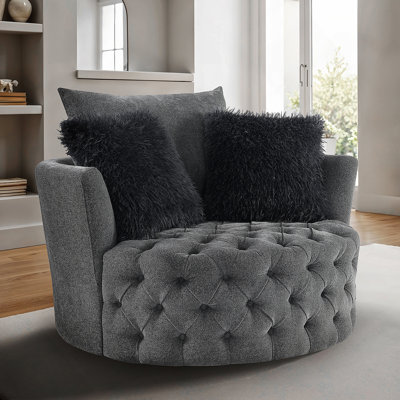 Dark Gray Finish Transitional Style 1Pc Button Tufted Swivel Round Chair Barrel Style Arms Scattered Back Pillow Primary Living Room