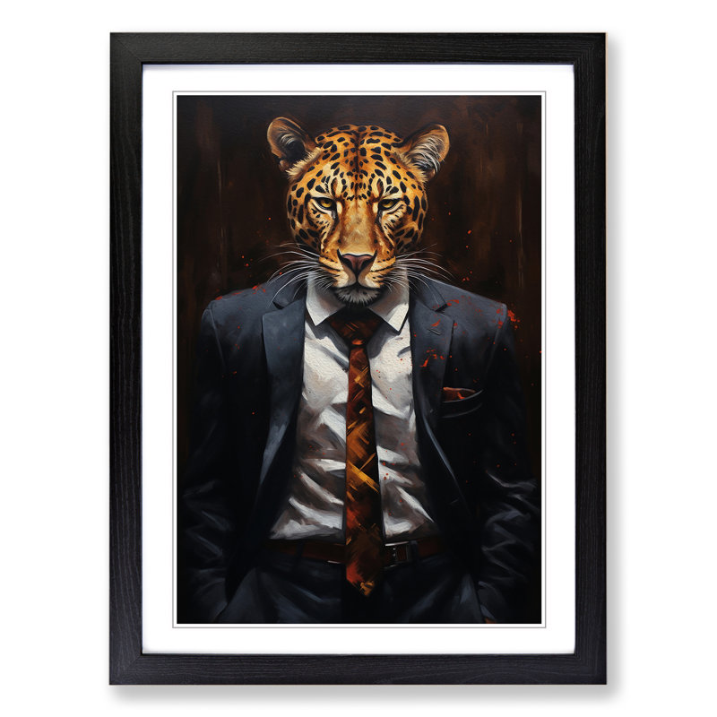 Leopard In A Suit Painting No.2 - Single Picture Frame Print on Wood, Black Framed, 64cm H x 46cm W x 2cm D