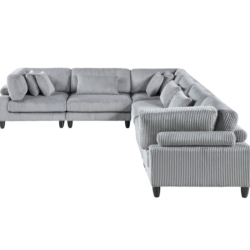 6 modulaires, revêtement en velours côtelé gris, 3 fauteuils sans accoudoirs, sièges d'angle, 9 coussins assortis inclus, 6 pièces modernes, pieds à finition noire