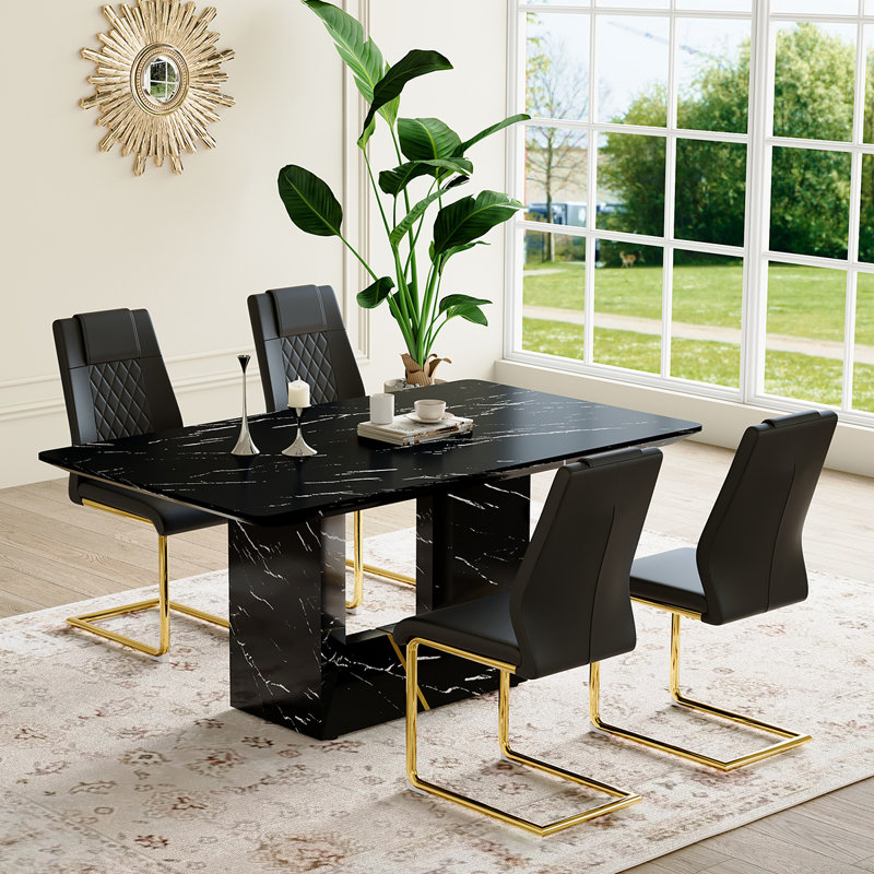 5-Piece Marble Dining Table Set, Black/Gold, Black