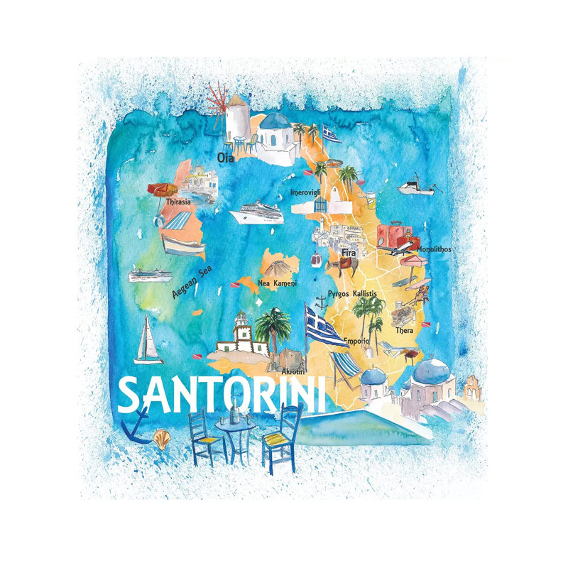 Santorini, Grèce, carte illustrée avec les principaux points d'intérêt et les points forts des routes par Markus et Martina Bleichner - reproduction d'art sur toile tendue