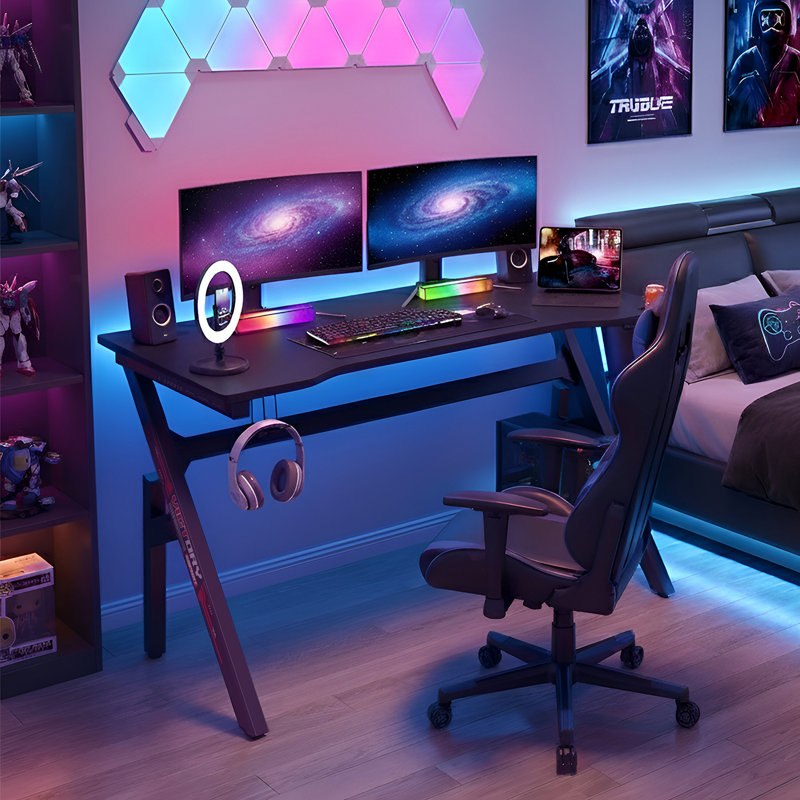 Gaming Desk 47 Inch Ergonomic Computer Desk Carbon Fiber Computer Desk Pc Gaming Table Large Workstation With Cup Holder Headphone Hook