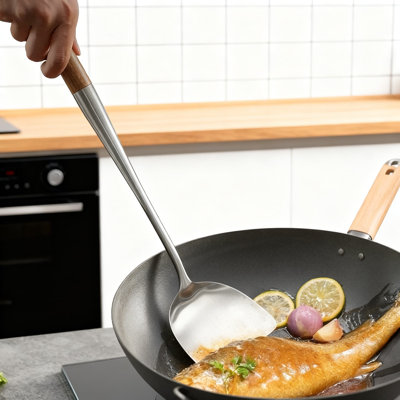 Ensemble de 4 cuillères de cuisine en acier inoxydable avec poignée allongée et bois de rose pour usage domestique et commercial