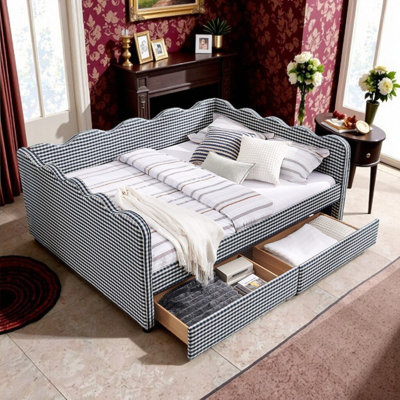 Lit de jour Quies Queen Size avec tiroirs de rangement, port USB et revêtement en lin à motif vague