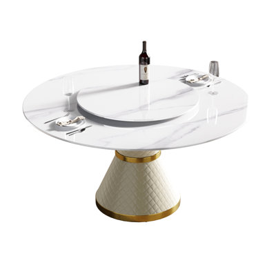 60.62" Artificial Stone Dining Table - White, Accommodates 6, With Stable Base & Rotatable Disk, Heat And Stainproof Round Sintered Hard Rotating Easy To Clean
