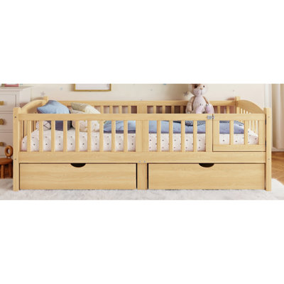 Lit plateforme simple TG avec garde-corps pleine longueur, lit plateforme pour enfants avec tiroirs de rangement, tête de lit enfantine et mignonne, naturel