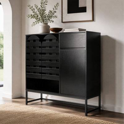 44.49 Inch Black Woven Door Accent Cabinet with Arched Doors and Multi-Layer Adjustable Shelves, Storage Unit with Metal Legs for Kitchen and Dining Room