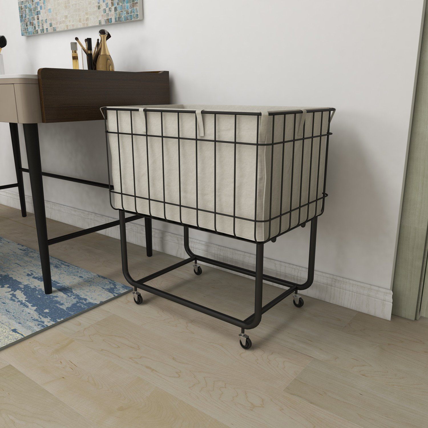Metal Deep Set Wire Basket Storage Cart with Wheels and Fabric Lining