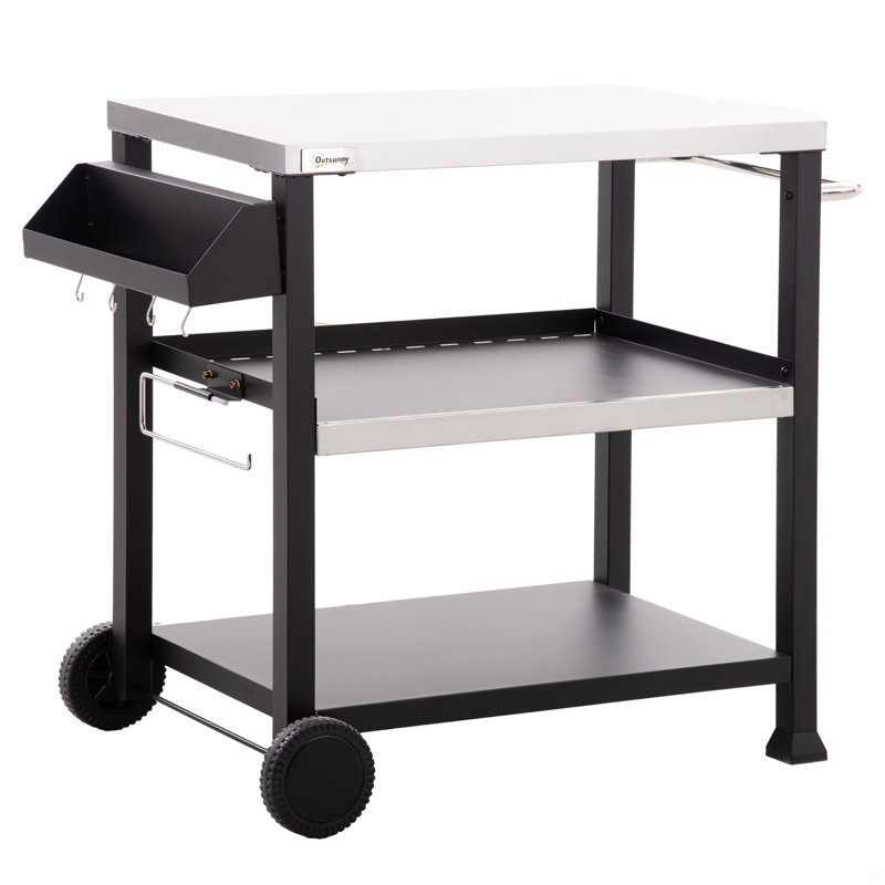 Three-Shelf Outdoor Grill Cart With Stainless Steel Tabletop, Side Handle, 32" X 20.5" Multifunctional Pizza Oven Stand, Movable Food Prep Table On Wheels