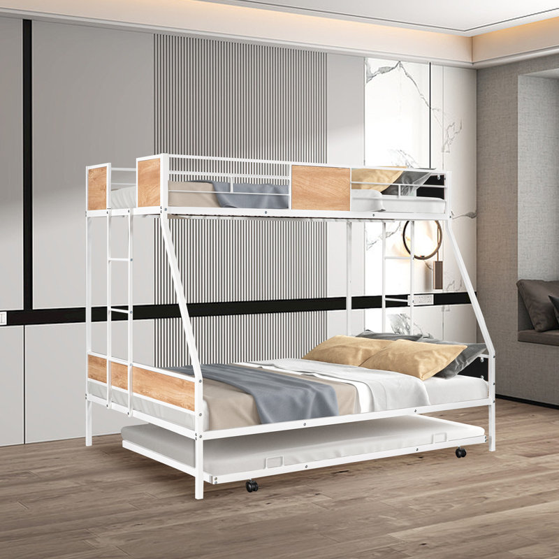 Brumbaugh Steel Twin Over Full Bunk Bed with Built-In Ladder , Trundle Bed Included, White/Oak
