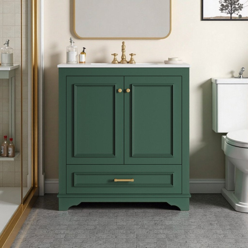 Meuble-lavabo de 30 po d'inspiration française avec lavabo en céramique et portes à fermeture douce | Armoire de rangement élégante, structure en bois massif