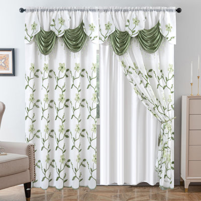 Petrichor Embroidered Sheer Curtain 2 Panels Set - Luxury Window Curtain Attached Valance with Satin Backing and 2 Tie Backs for Living Room,Dining Room, 54x63 inches, Burgundy