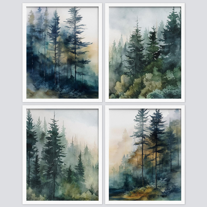 «Green and Teal Watercolor Forest Trees», ensemble de 4 reproductions de cadres photo simples, Blanc, H 16 po x l 12 po