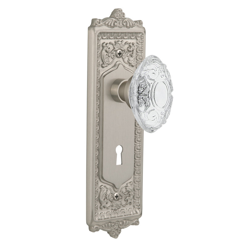Crystal Victorian Interior Mortise Door Knob with Egg & Dart Long Plate, Satin Nickel