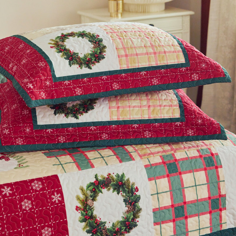 Vintage Christmas Plaid Patchwork Quilt Bedspread Set, Queen