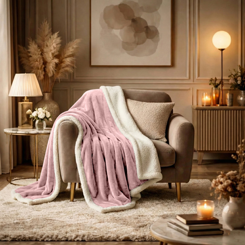 Jeté réversible en molleton Sherpa avec flanelle Microplush douce, jeté toutes saisons pour lit et canapé, Grand lit, Rose