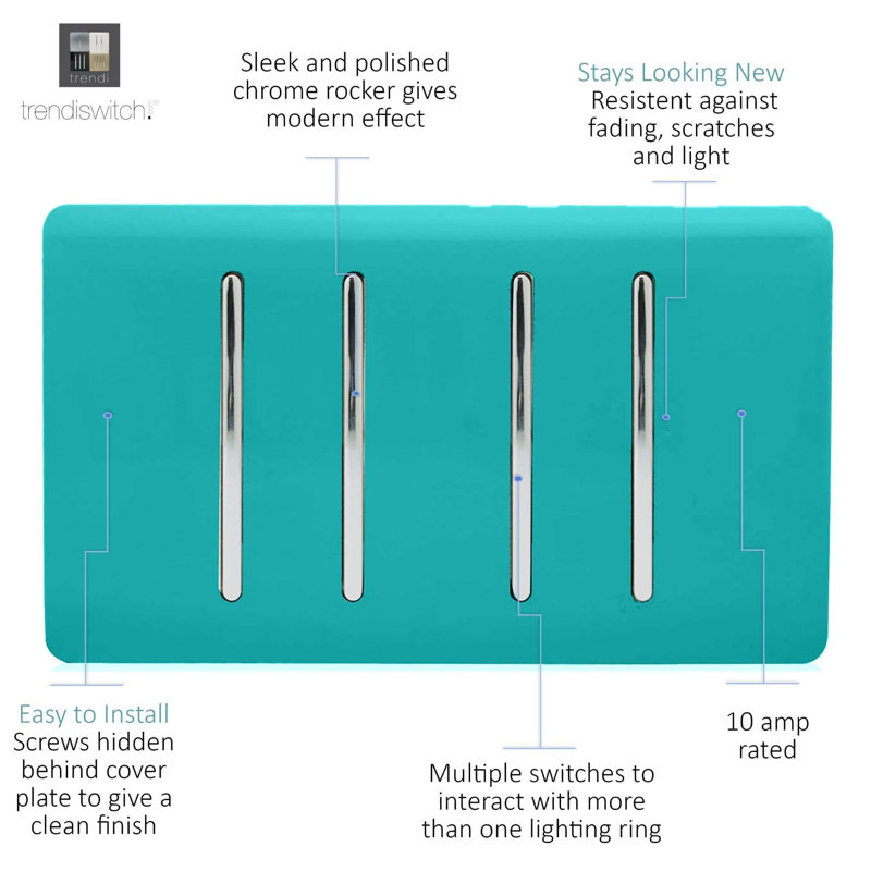 Trendi Switch 4 Gang Light Switch (1x 1 or 2 Way & 3 x Intermediate), Bright Teal