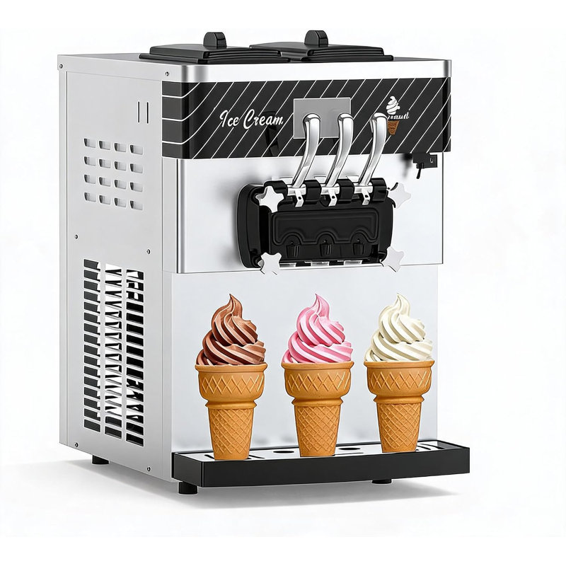 3-Flavor Countertop Soft Serve Ice Cream Machine, Stainless Steel Ice Cream Dispenser, Commercial Ice Cream Maker for Cafe, Snack Bar, Takeaway and Home Party