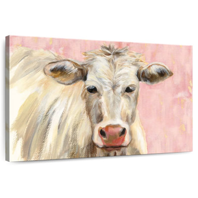 Vache blanche Brampt sur fond rose