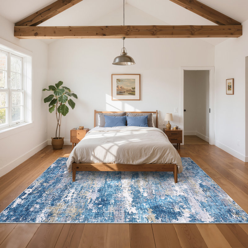 Tapis moderne lavable abstrait avec envers antidérapant, Bleu clair, 8 x 10 pi