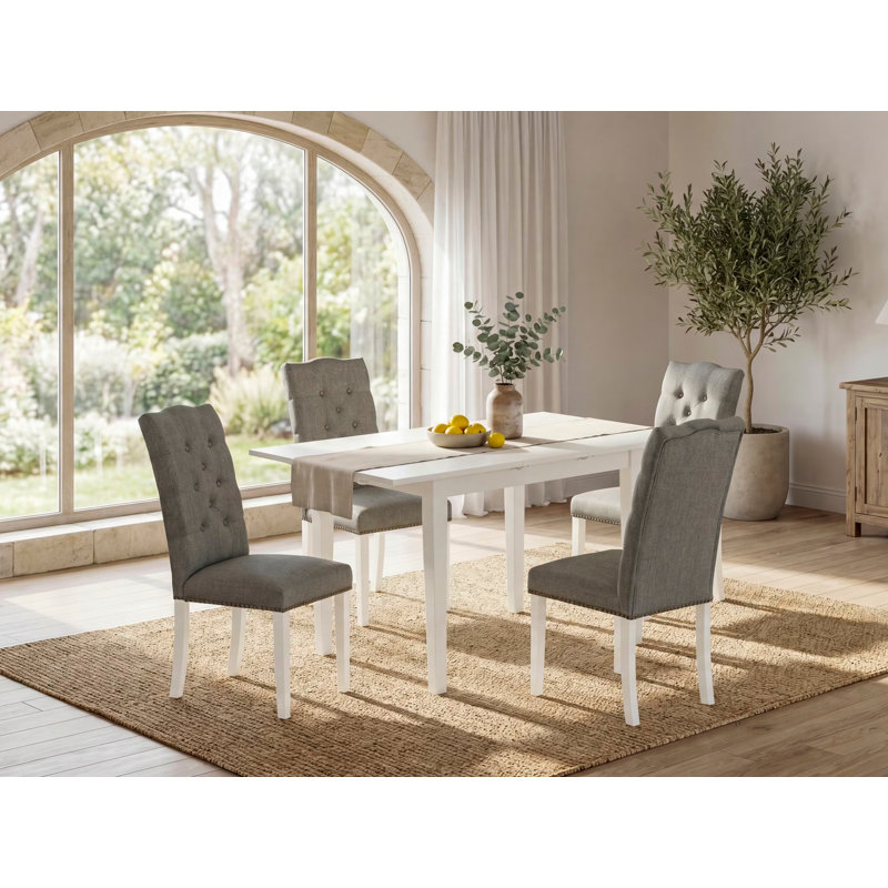 Ensemble de table de salle à manger rectangulaire en bois massif avec plateau papillon, Lin blanc, Gris
