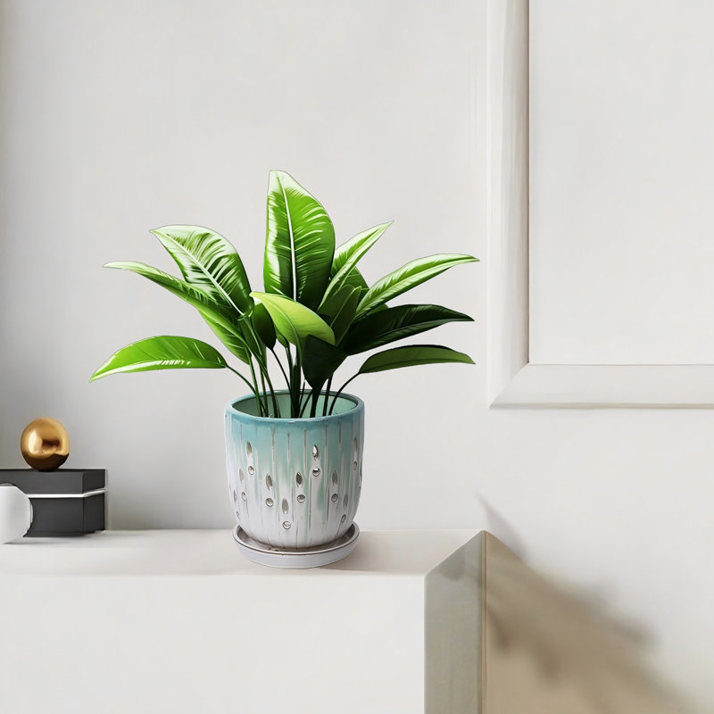 Pot de fleurs rayé en céramique avec trou de drainage, Blanc/vert