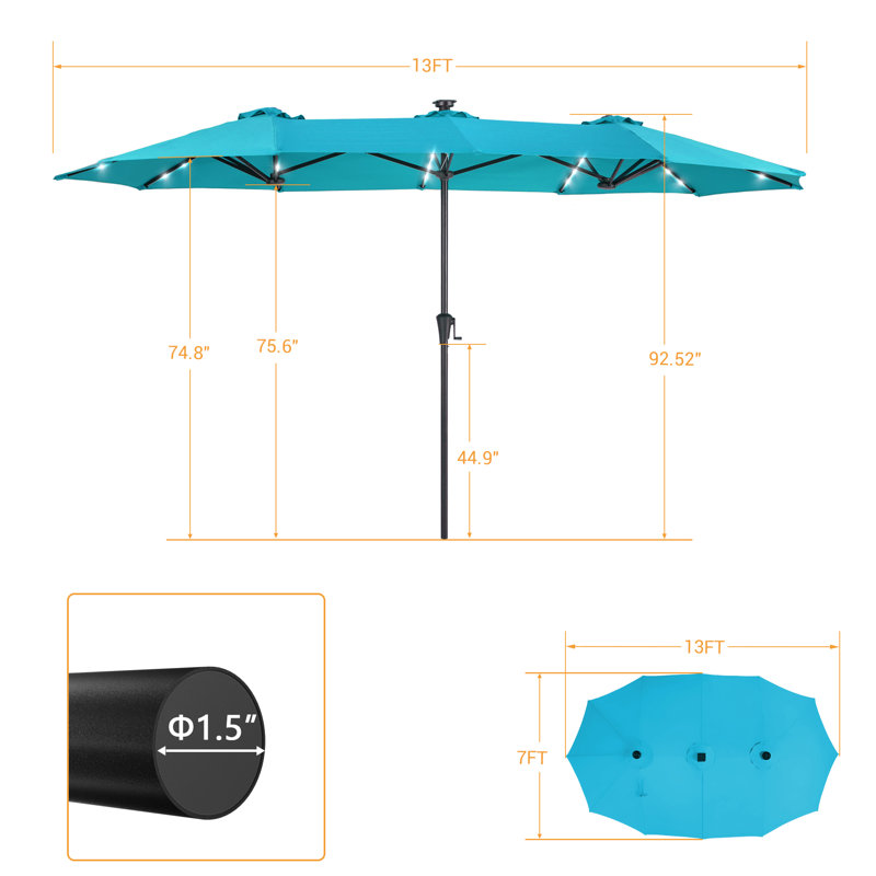 Grand parasol de marché extérieur DEL rectangulaire à double face DEL, H 7 pi 7 po x l 13 pi x P 7 pi, Bleu clair