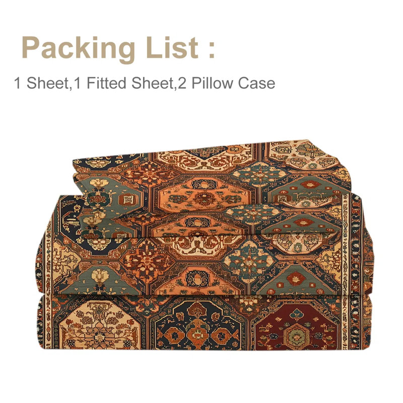 Ensemble de literie 4 pièces à motif géométrique rétro bohémien - drap-housse toutes saisons, drap plat et 2 taies d'oreiller, collection Minimalist Comfort
