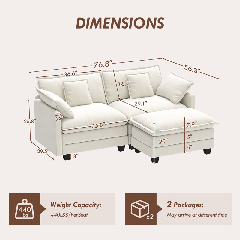 George 76.8" Modern 3 Seat Chenille L Shaped Modular Sectional Sofa With Ottoman, Beige Chenille