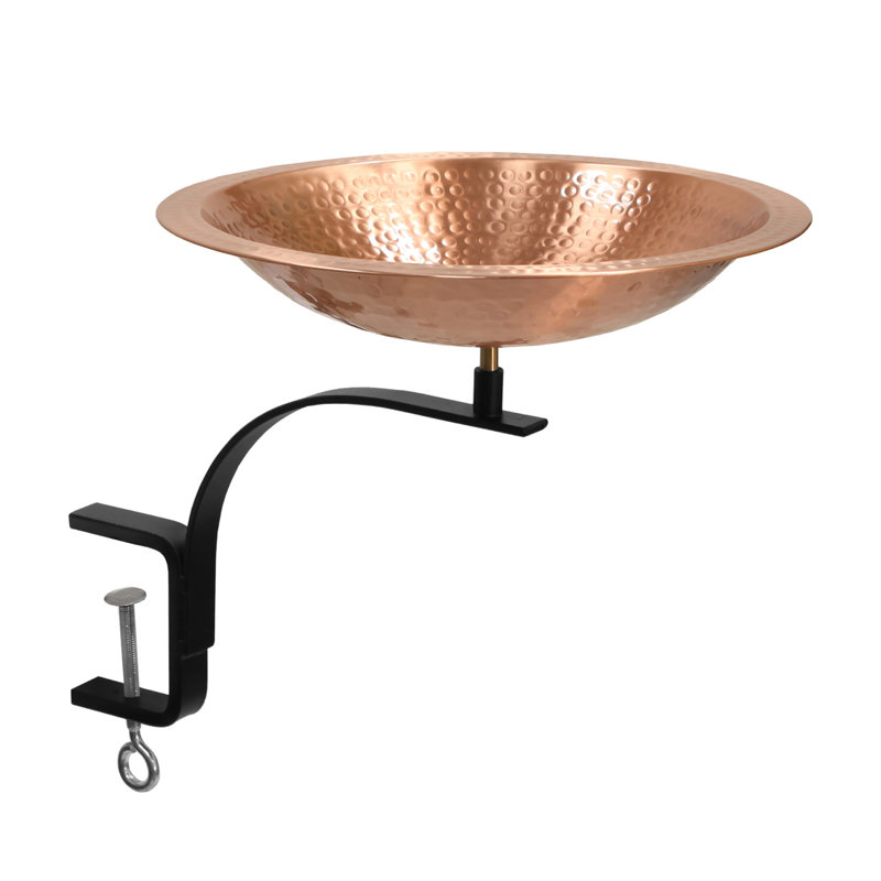 Hammered Copper Birdbath with Black Iron Rail Mount