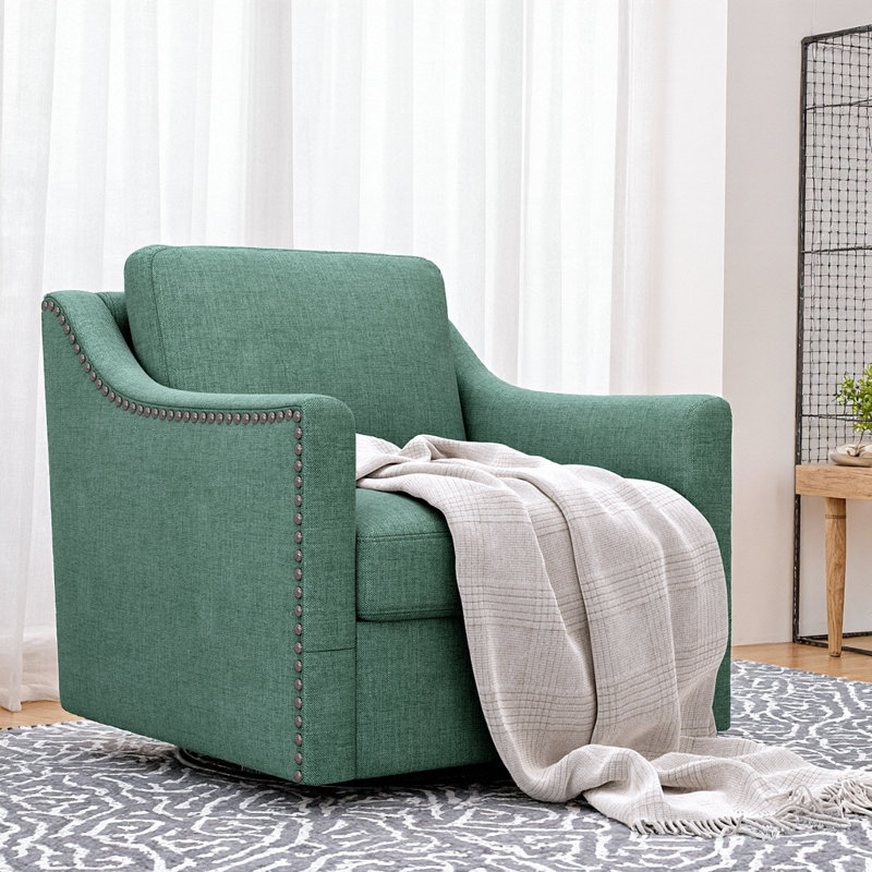 Stylish Blackish Green 360 Swivel Armchair with Cotton Linen Fabric and Brass Nail Trim, Green, 32.28" H x 33.46" W x 31.1" D