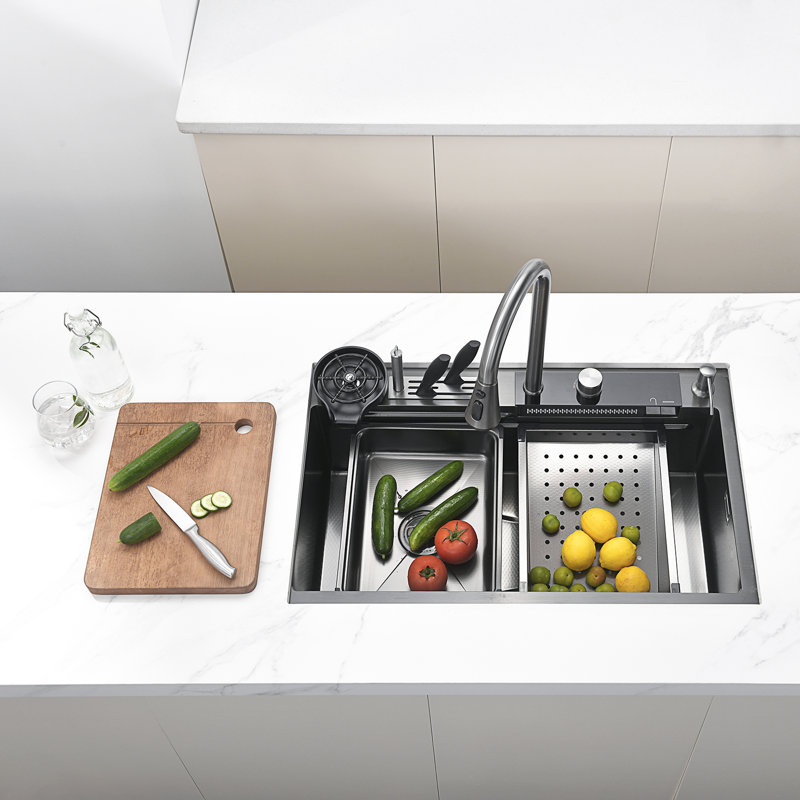Ensemble d'évier de cuisine en acier inoxydable avec affichage de la température, gris, KS2205