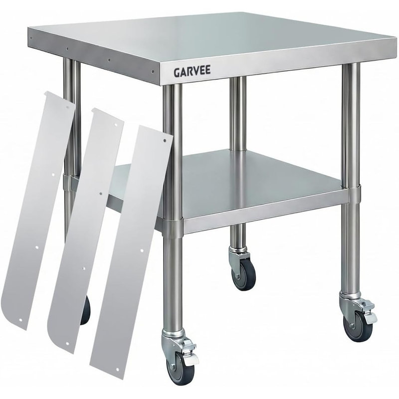 Table de travail mobile en acier inoxydable avec protection anti-éclaboussures amovible et roues verrouillables