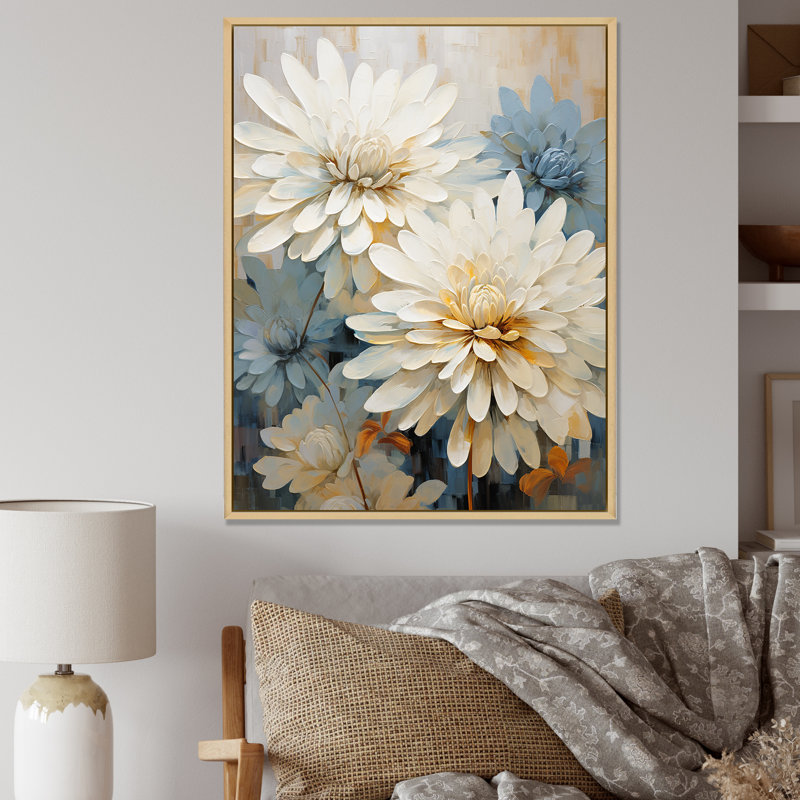 «Mums», peinture beige sur fond blanc et bleu sur toile, Cadre naturel flottant, H 44 po x l 34 po