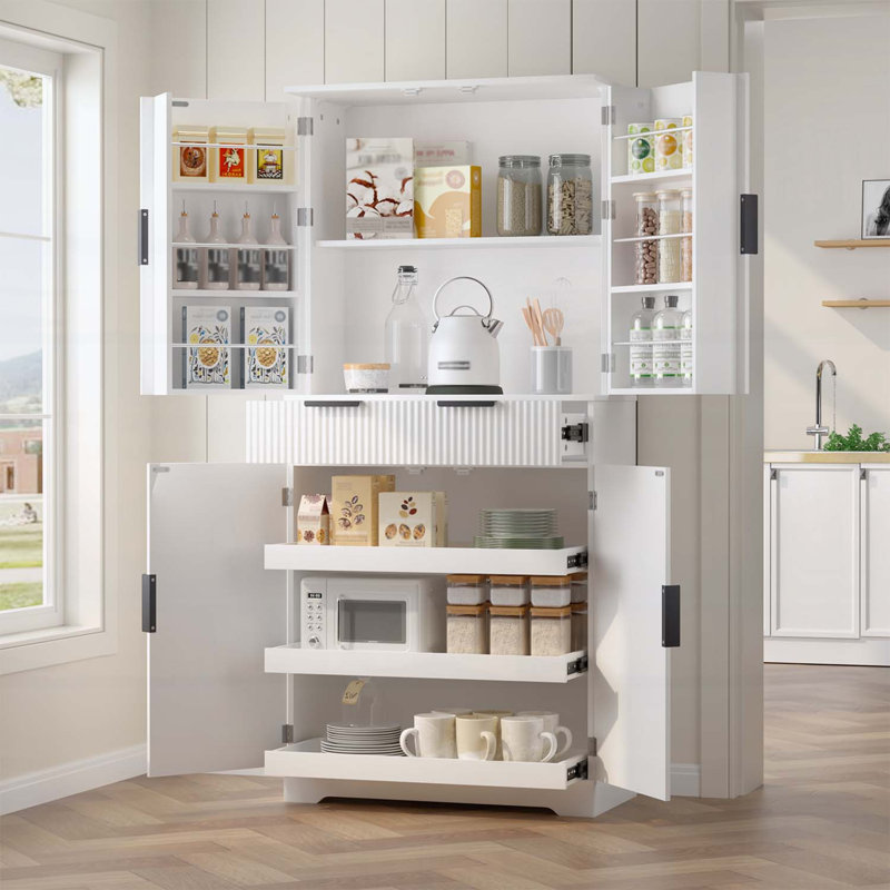 Fluted Kitchen Pantry Cabinet,for Versatile Use in Various Rooms, White