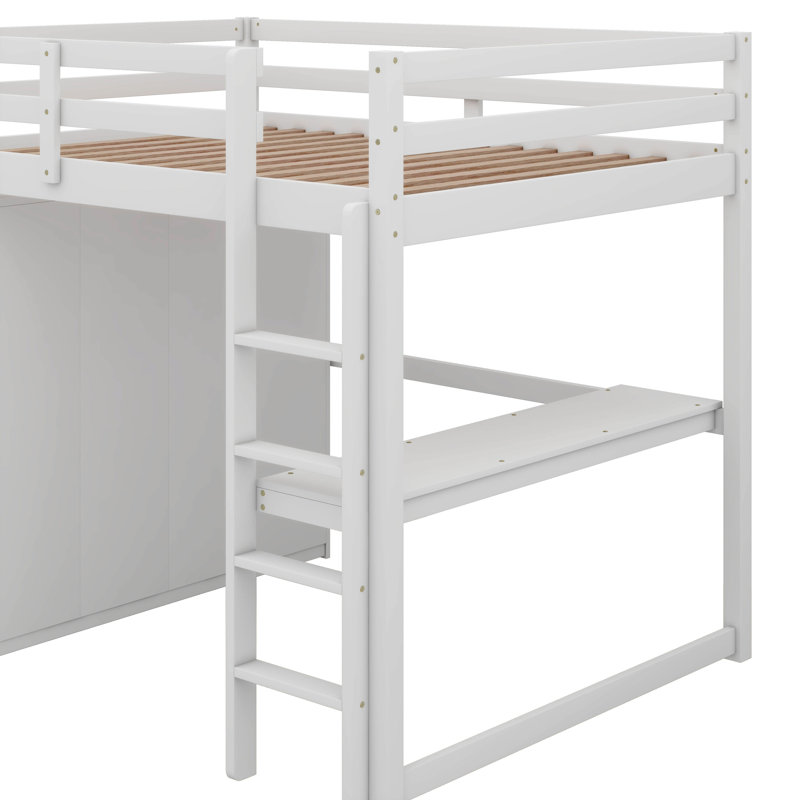 Lit mezzanine double en bois avec garde-robe intégré, Blanc