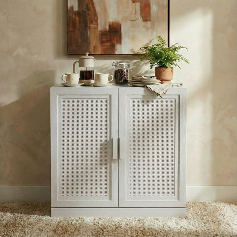 Garde-manger en rotin avec tablettes réglables, style Shaker, H 36,01 po x l 31,2 po, White