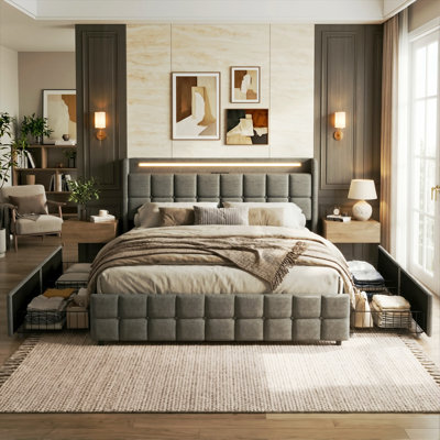 EU King Upholstered Storage Bed with LED Headboard, Upholstered Frame with 4 Storage Drawers & EU Sockets, Beige/Grey Linen, 160x200cm 