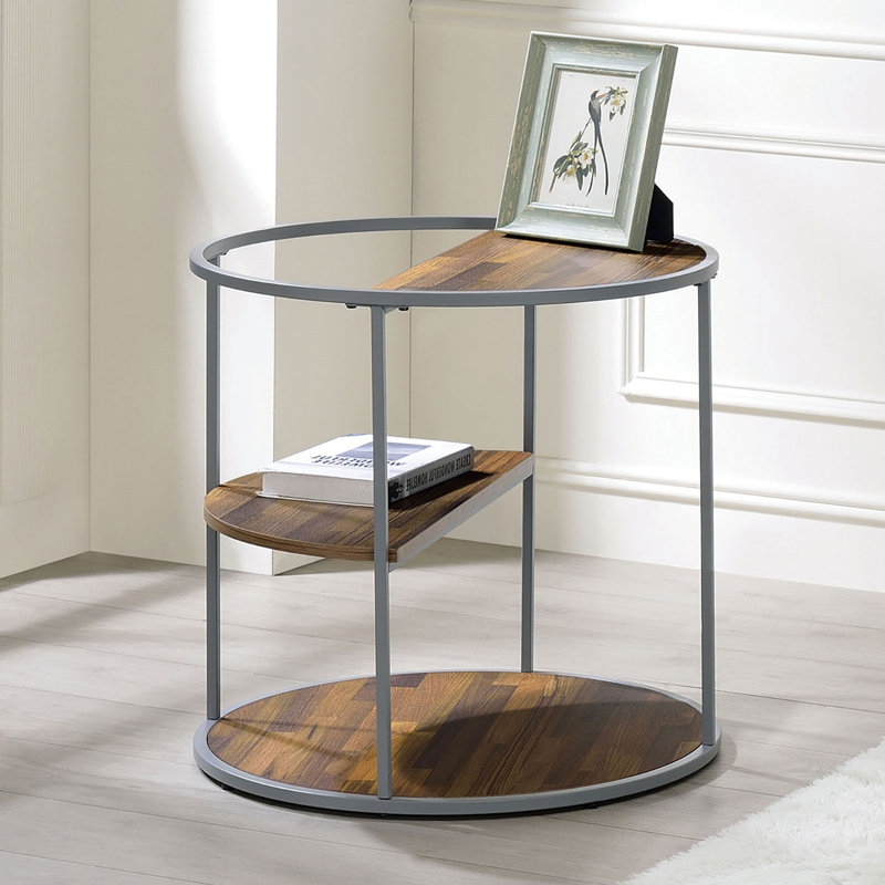 Table de bout à demi-tablette unique de style industriel avec finition grise et noyer avec trois tablettes, table basse thermolaquée - non incluse
