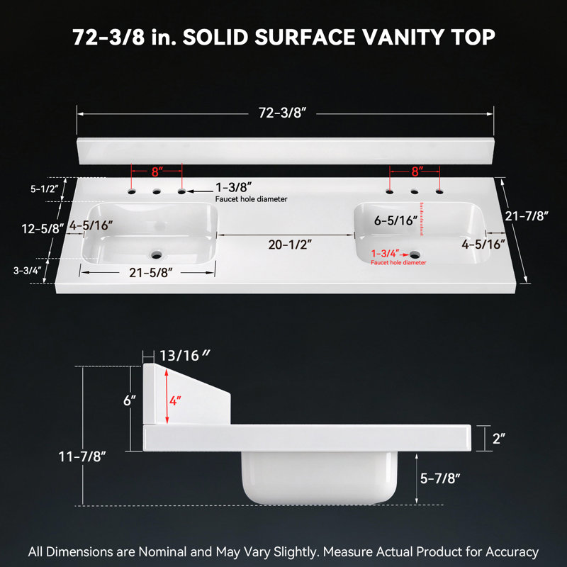 72 in W x 22 in D White Solid Surface Double Sink Vanity Top with Integrated Basins and 4 in Backsplash