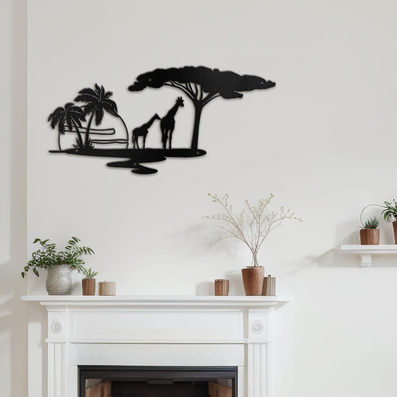 Arbres et girafes au coucher du soleil, H 11,52 po x l 24 po x P 0,05 po, Noir