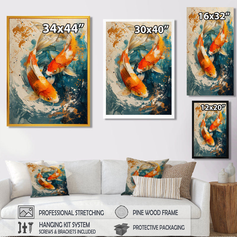 Orange, vert, poisson passionné, poisson Koi I - poisson, art mural, Toile tendue, 32" H x 16" W