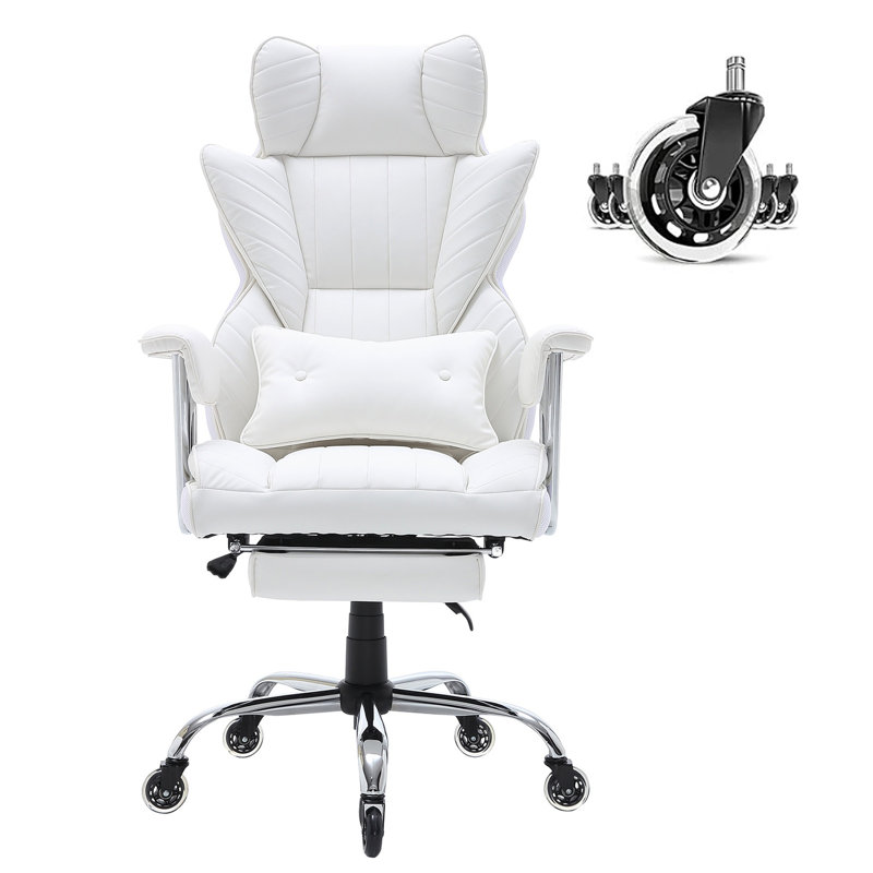 Chaise de bureau inclinable avec repose-pieds, chaise de bureau large en cuir PU robuste, grandes et hautes chaises de bureau de direction avec support lombaire, roues en métal à base solide et silencieuses, blanc