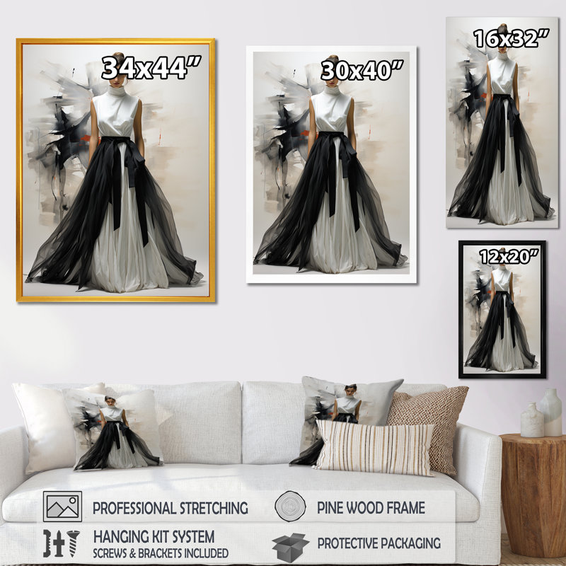 Minimaliste noir et blanc chic robe IV - Dior Wall Art, Cadre simple noir, H 40 po x l 30 po x P 1,5 po