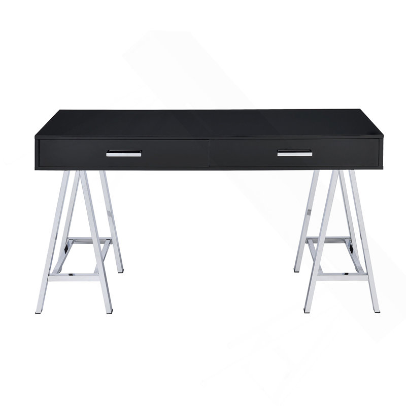 Bureau d'écriture 2 tiroirs avec base en métal noir brillant et chrome