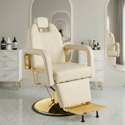 Fauteuil de barber inclinable hydraulique pour coiffeur, fauteuil pivotant à 360 ° avec appui-tête et repose-pieds réglables, beige